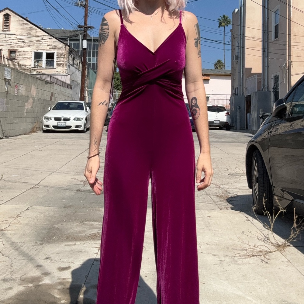 BERSHKA Night Out Velvet Magenta Jumpsuit